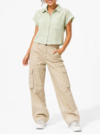 Juniors’ Textured Button-Front Cap Sleeve Shirt - Label Shopper