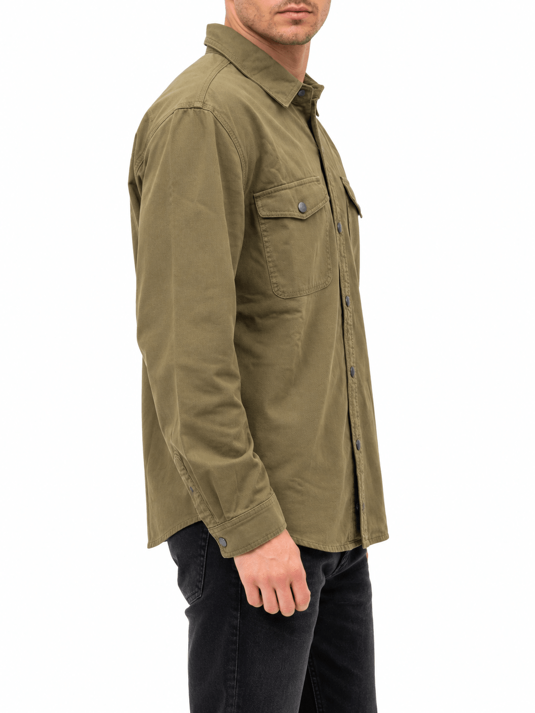 Olive Green Solid Snap Shirt Jacket - Label Shopper