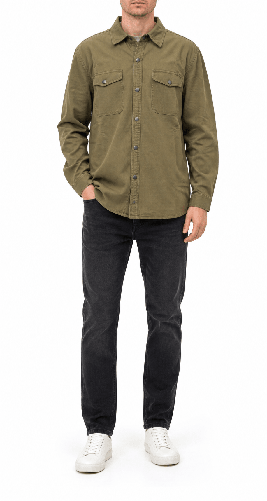 Olive Green Solid Snap Shirt Jacket - Label Shopper
