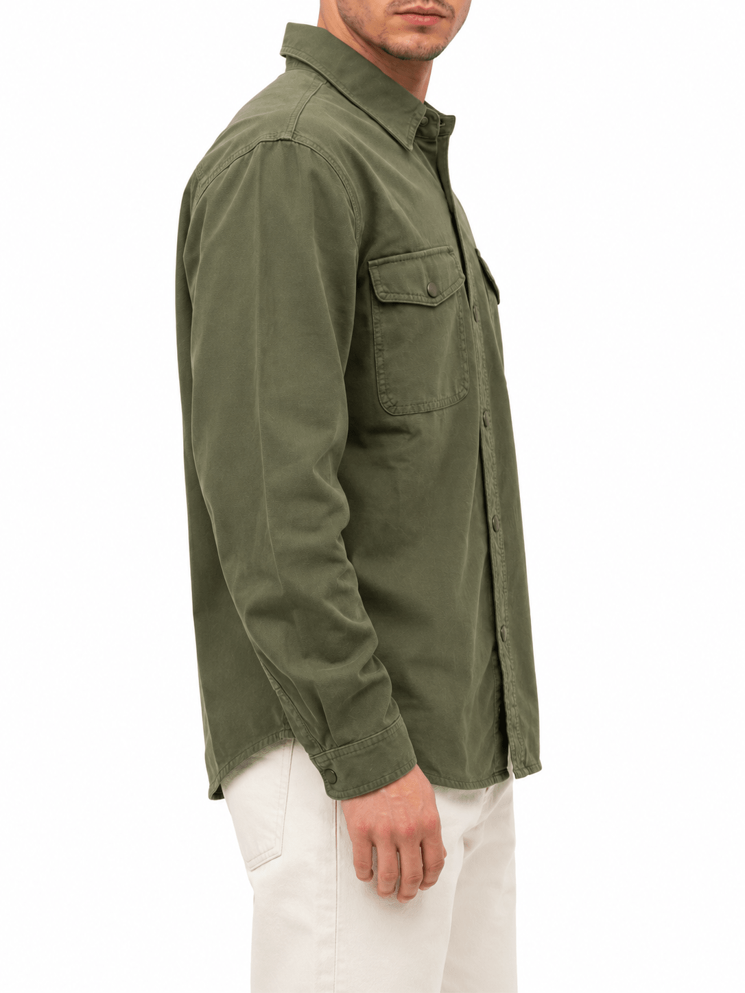Olive Green Solid Snap Shirt Jacket - Label Shopper