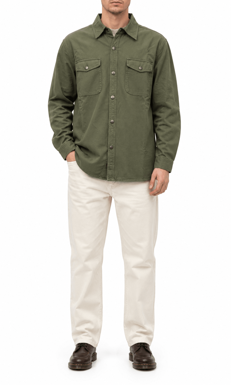Olive Green Solid Snap Shirt Jacket - Label Shopper