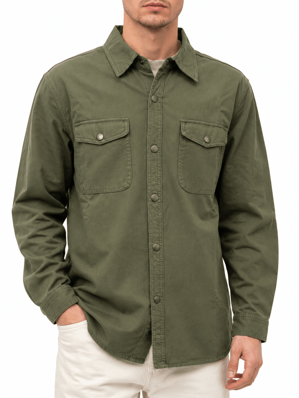 Olive Green Solid Snap Shirt Jacket - Label Shopper