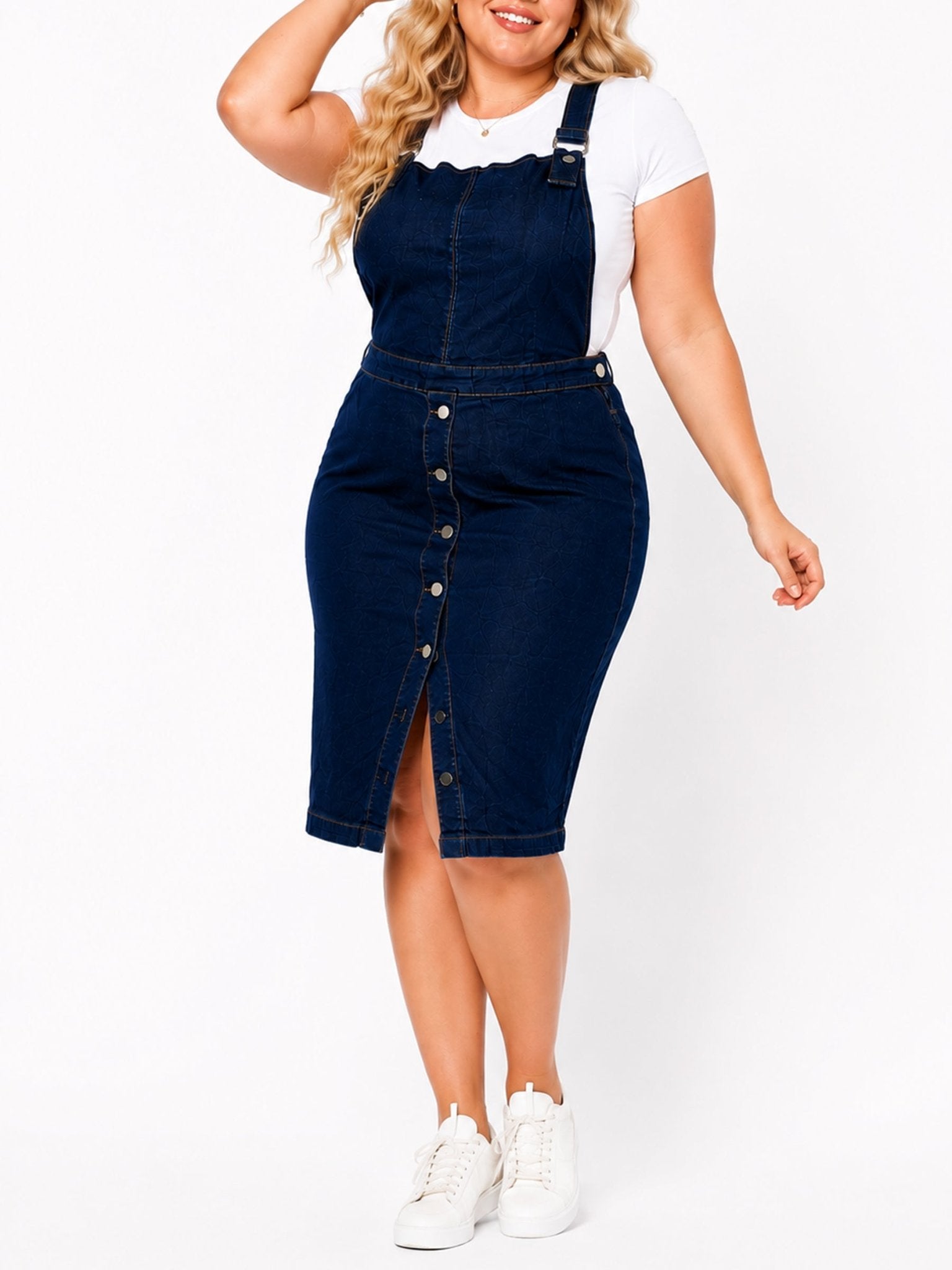 Plus Size Women's Denim Overall Midi Dress - Label Shopper