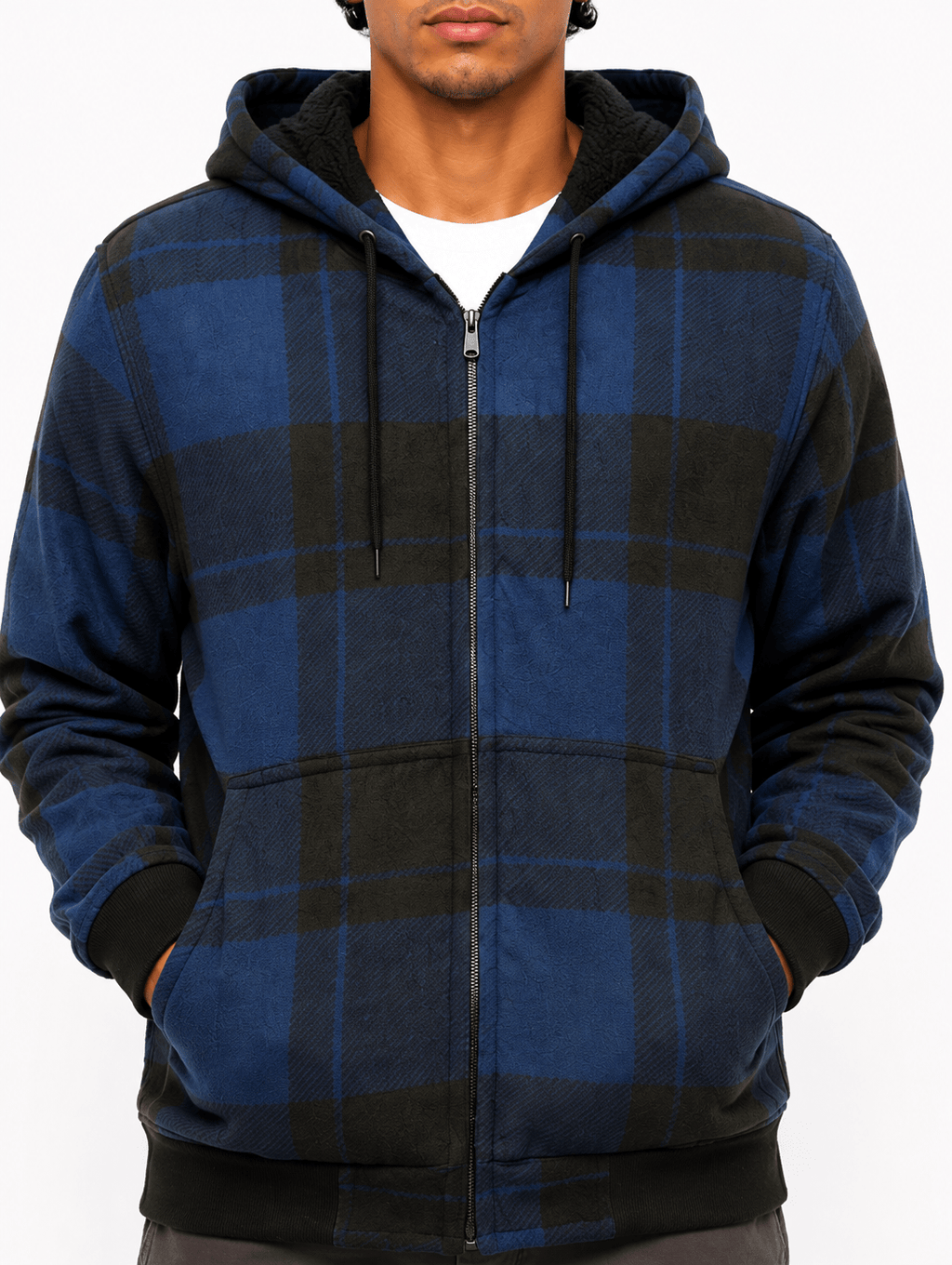Space Blue Plaid Bomber Jacket With Hood - Label Shopper