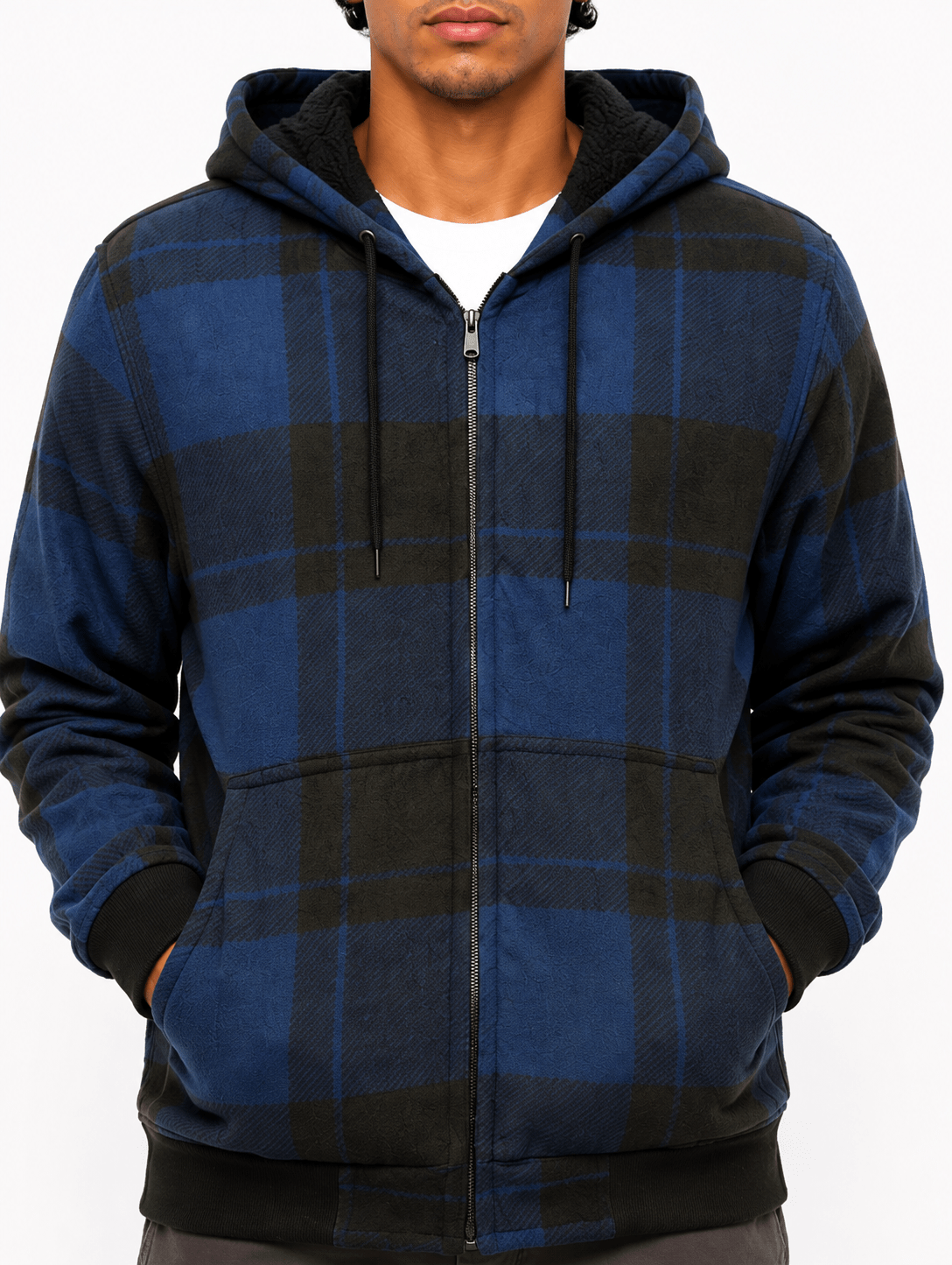 Space Blue Plaid Bomber Jacket With Hood - Label Shopper