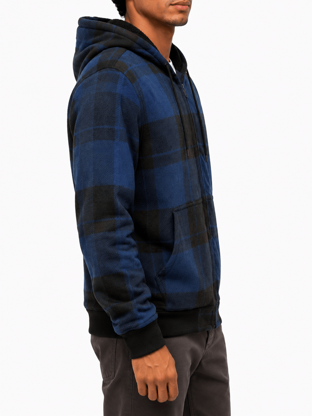 Space Blue Plaid Bomber Jacket With Hood - Label Shopper