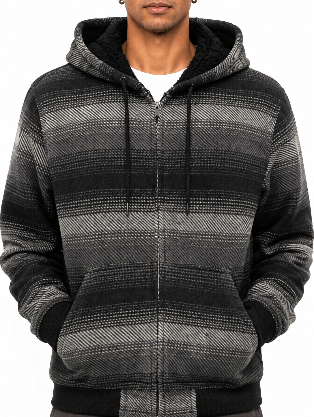 Space Blue Plaid Bomber Jacket With Hood - Label Shopper