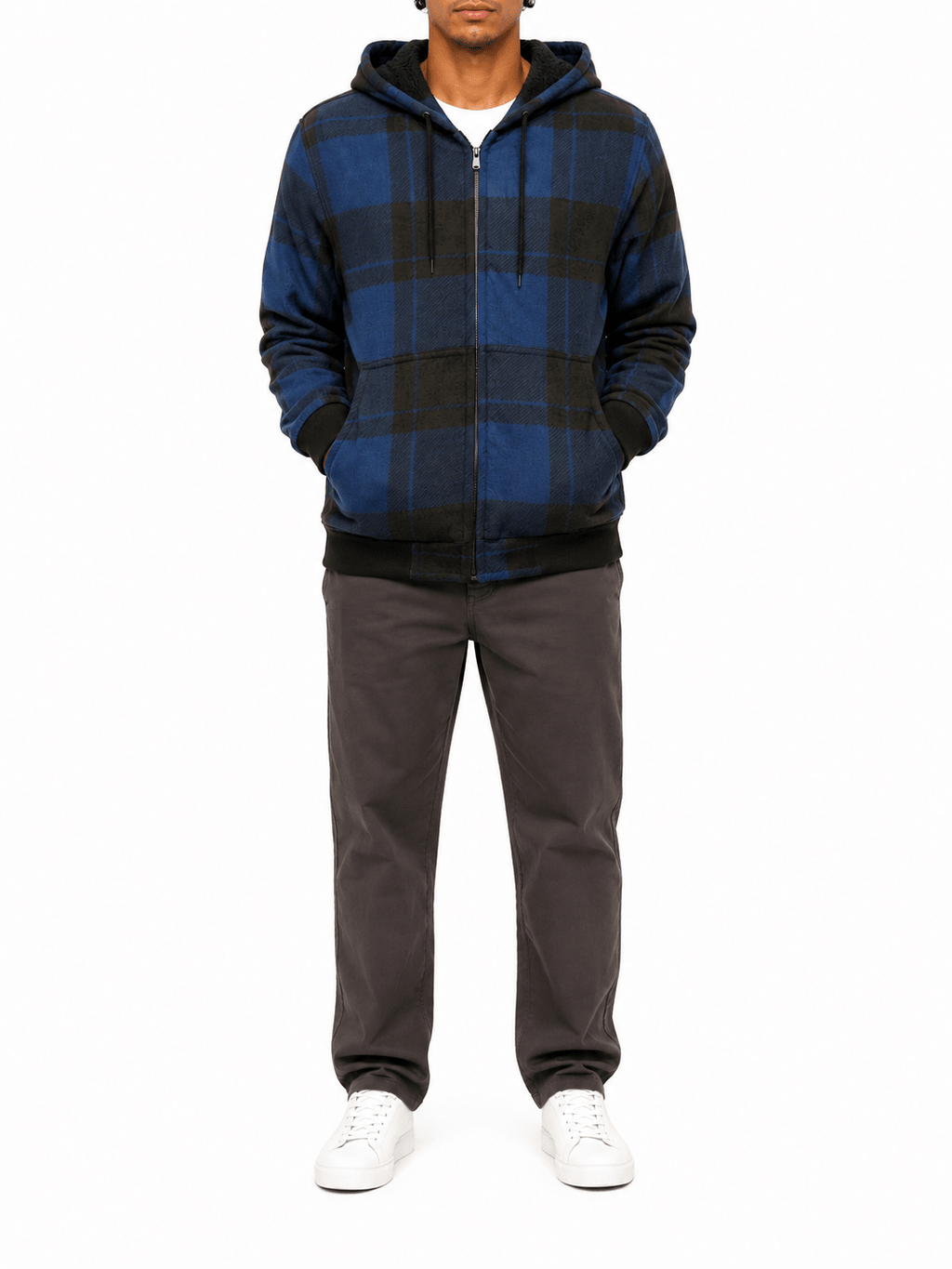 Space Blue Plaid Bomber Jacket With Hood - Label Shopper
