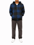 Space Blue Plaid Bomber Jacket With Hood - Label Shopper