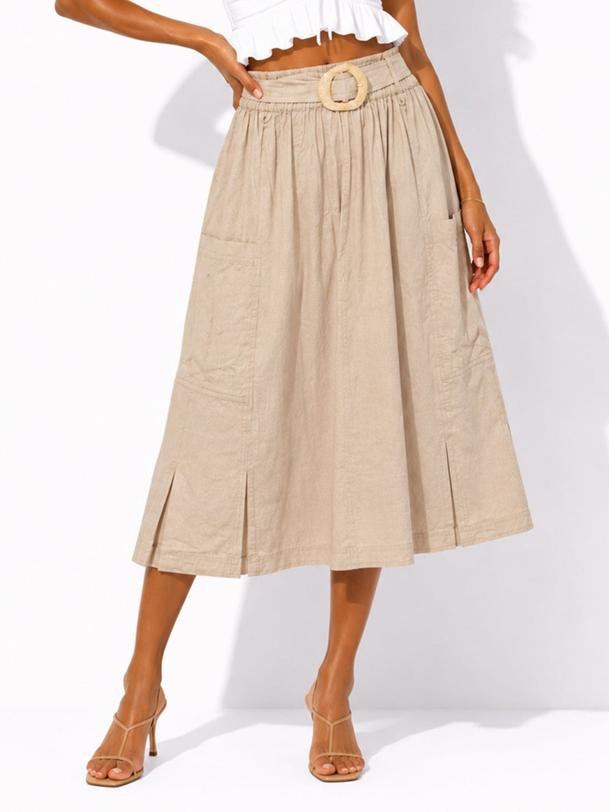 Women's A-Line Midi Skirt with Buckle Waist - Label Shopper