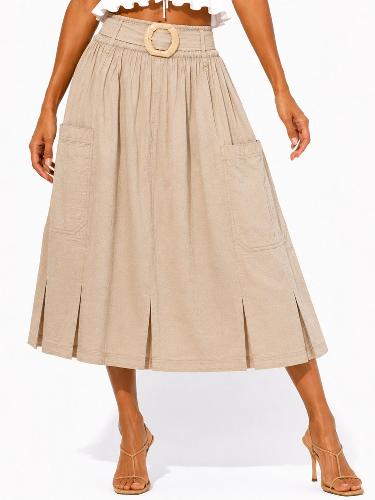 Women's A-Line Midi Skirt with Buckle Waist - Label Shopper