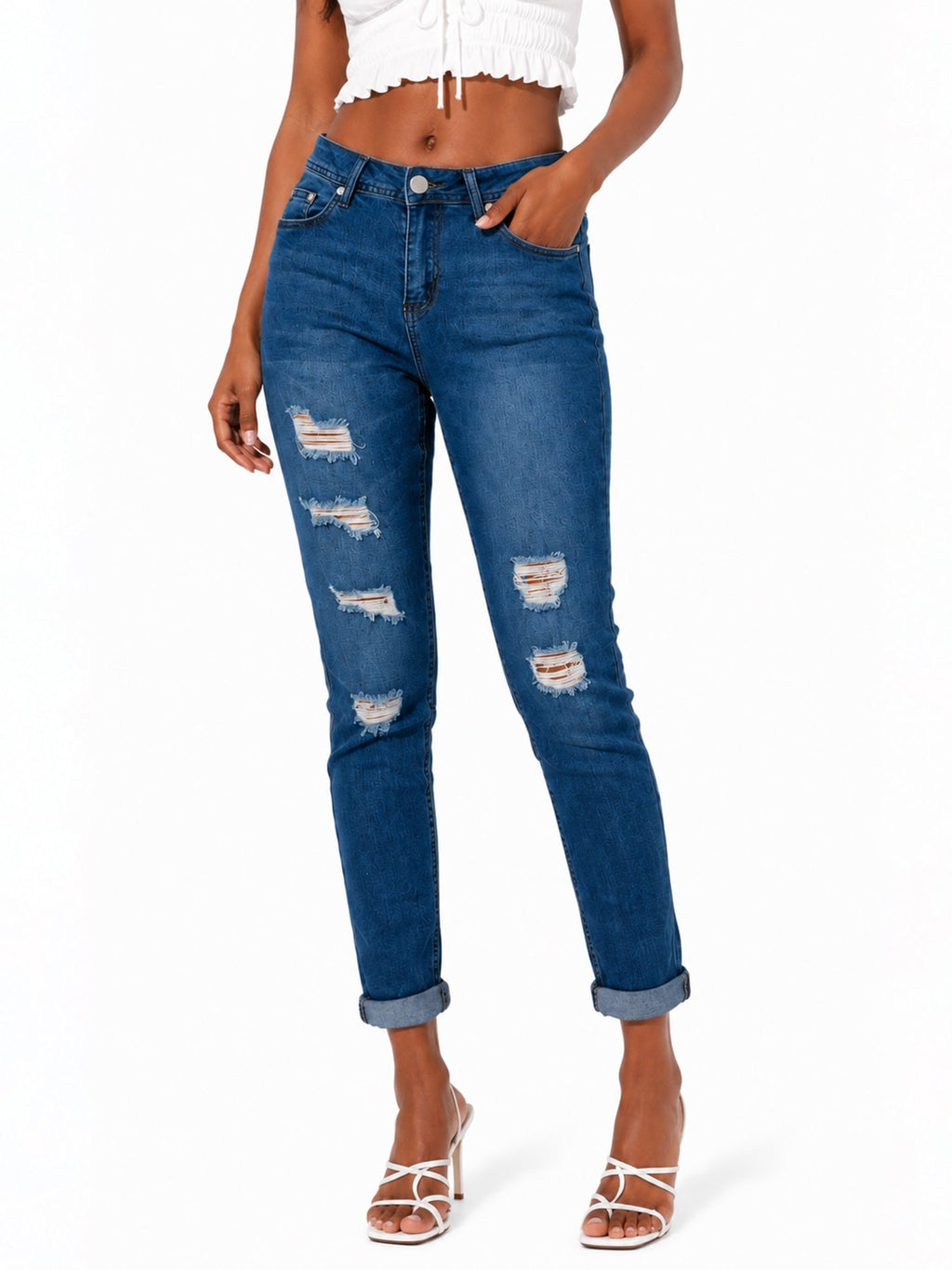 Women's Distressed Skinny Jeans with Rolled Cuffs - Label Shopper