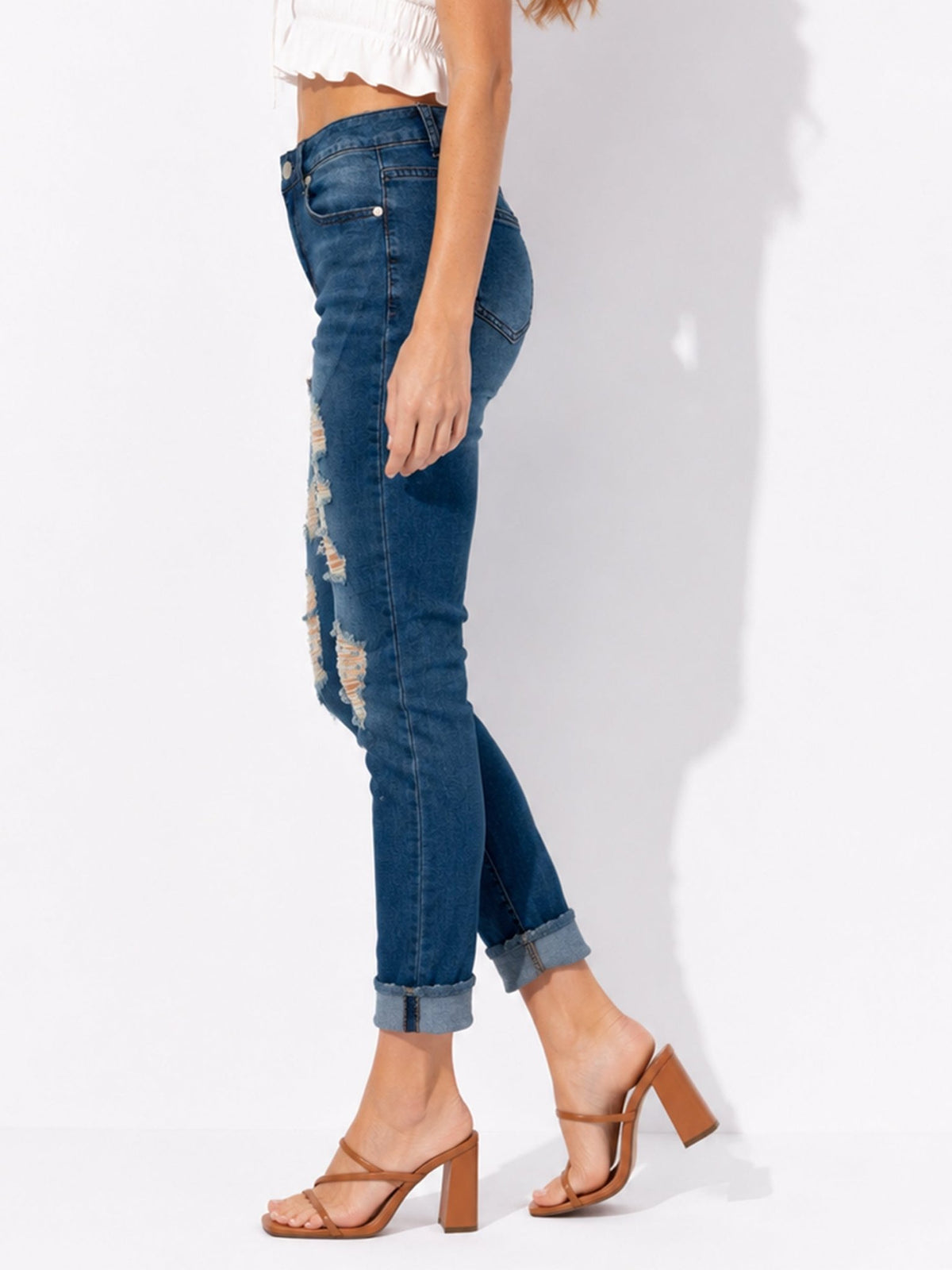 Women's Distressed Straight-Leg Jeans with Rolled Cuffs - Label Shopper