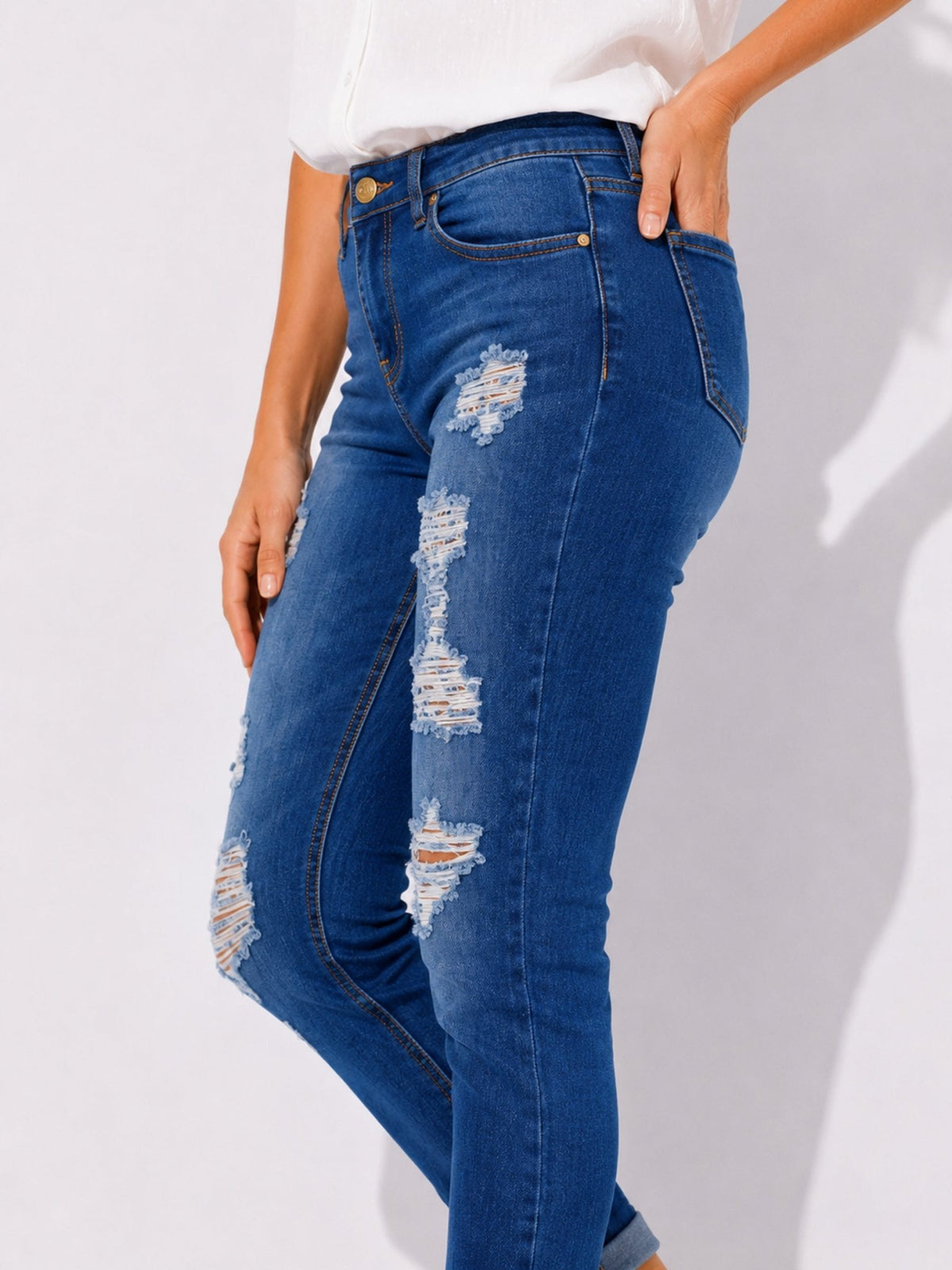 Women's Distressed Straight-Leg Jeans with Rolled Cuffs - Label Shopper