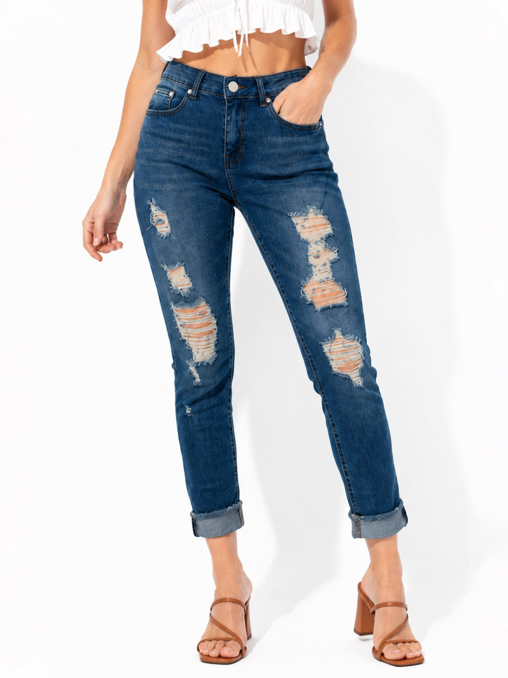 Women's Distressed Straight-Leg Jeans with Rolled Cuffs - Label Shopper