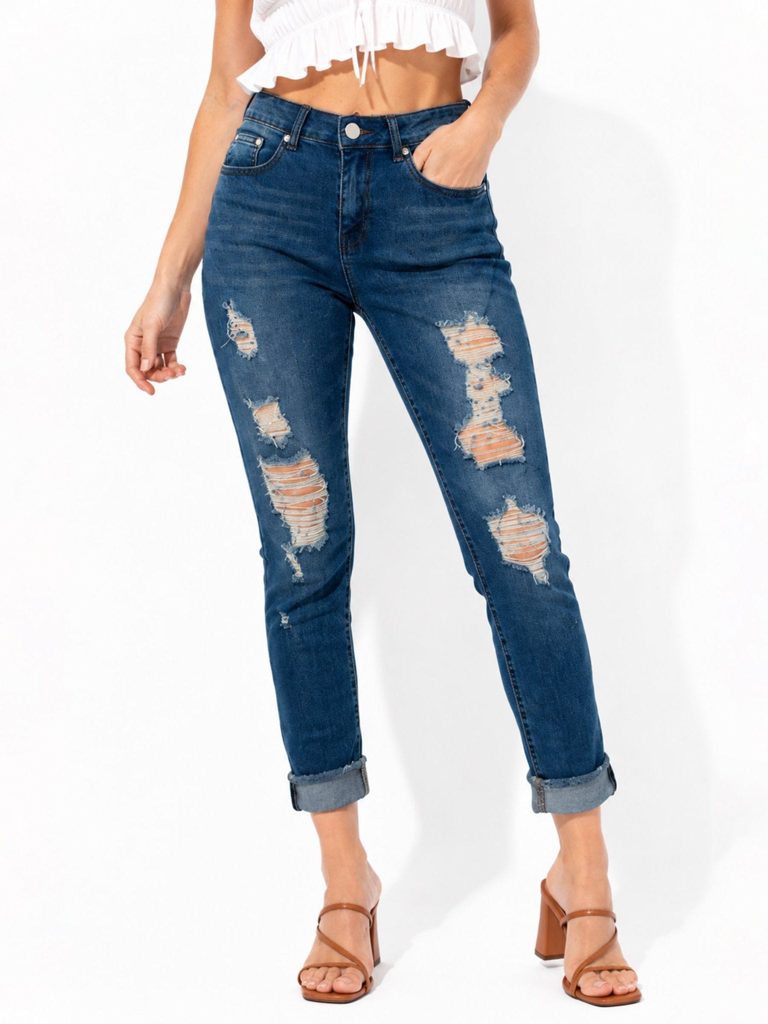 Women's Distressed Straight-Leg Jeans with Rolled Cuffs - Label Shopper