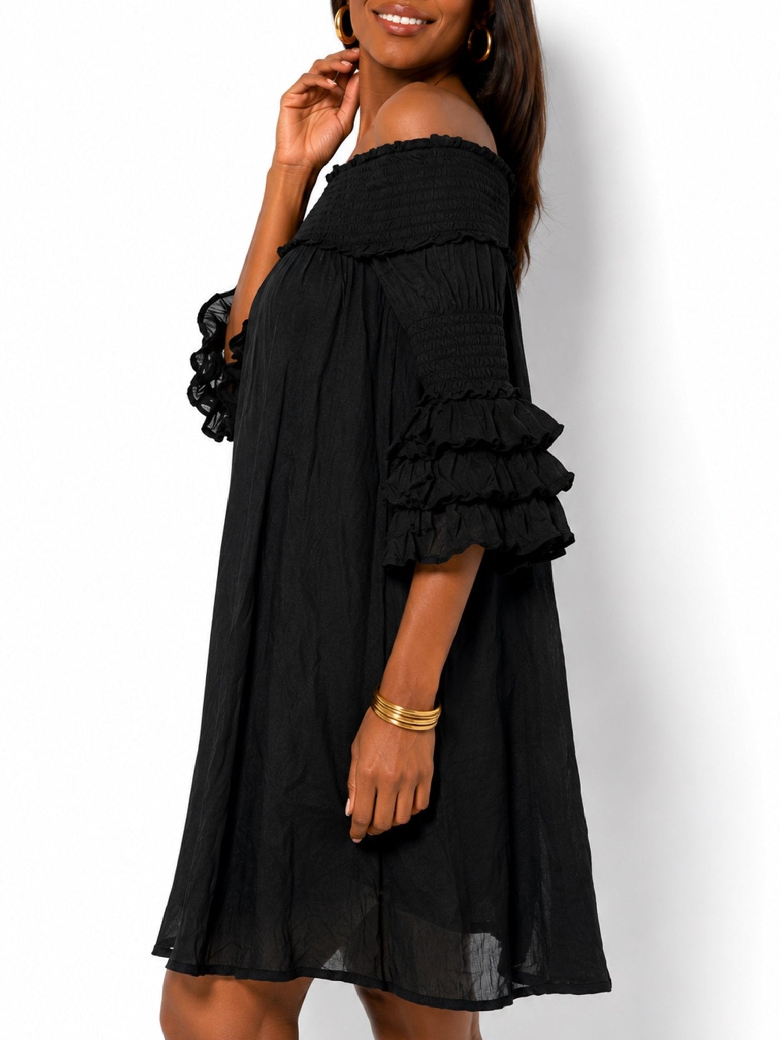 Women's Off-Shoulder Ruffle Sleeve Mini Dress - Label Shopper