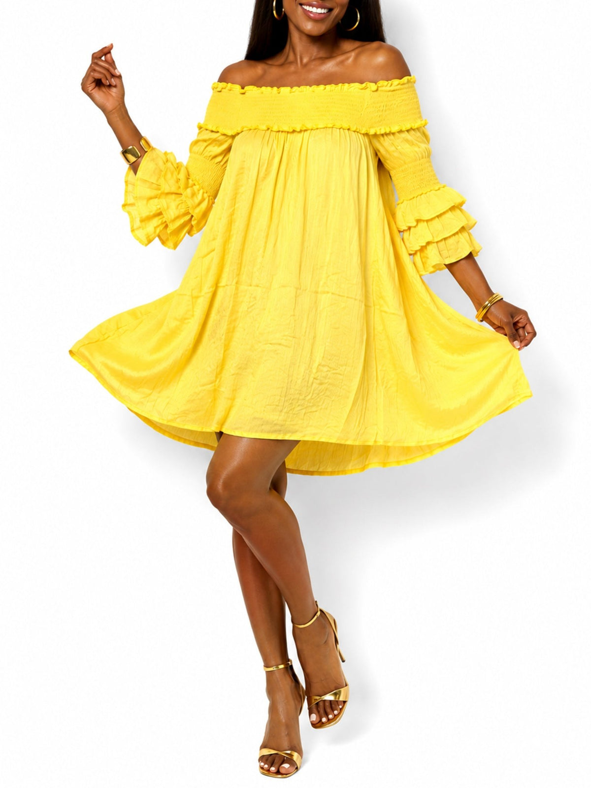 Women's Off-Shoulder Ruffle Sleeve Mini Dress - Label Shopper
