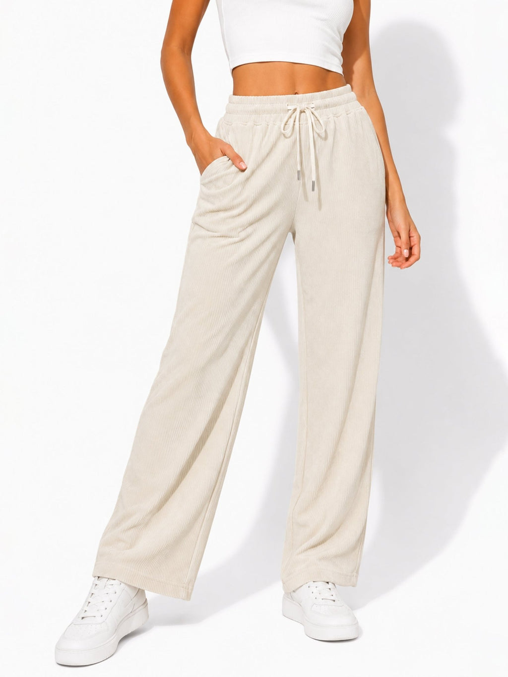 Women's Ribbed Wide-Leg Drawstring Pants - Label Shopper
