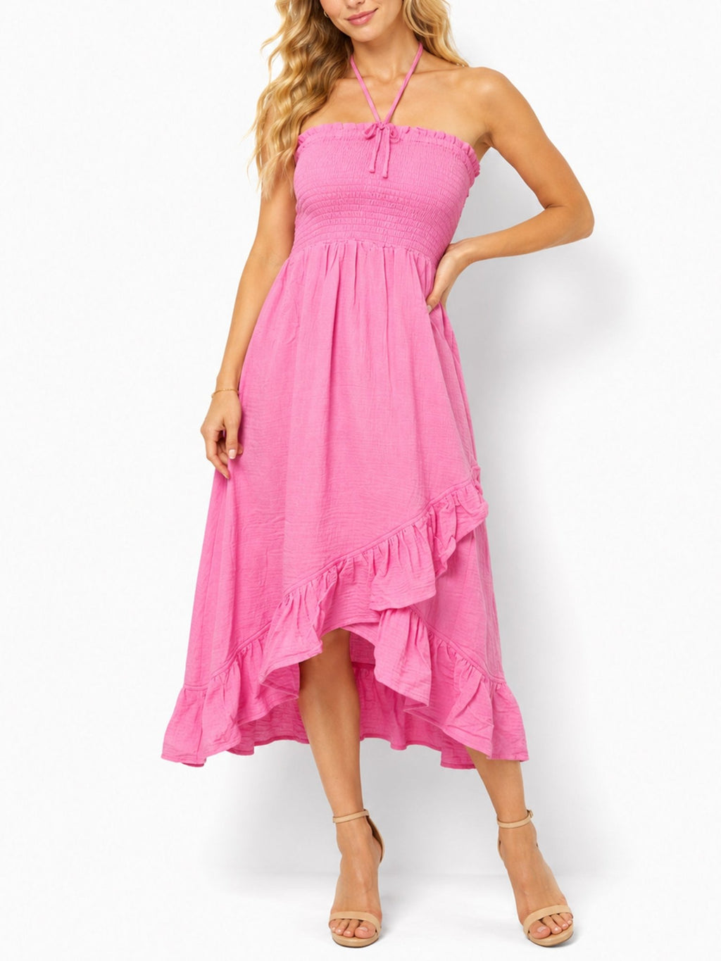 Women's Strapless Smocked Ruffle Midi Dress - Label Shopper