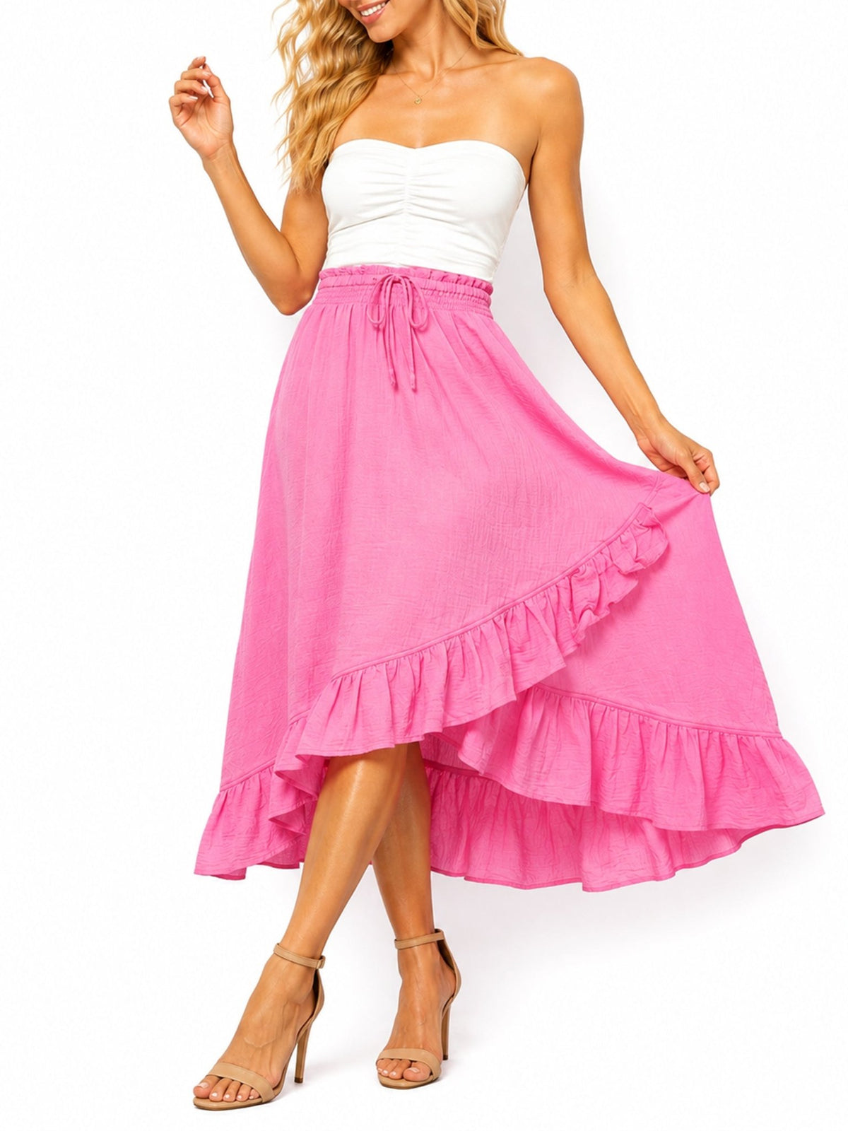 Women's Strapless Smocked Ruffle Midi Dress - Label Shopper