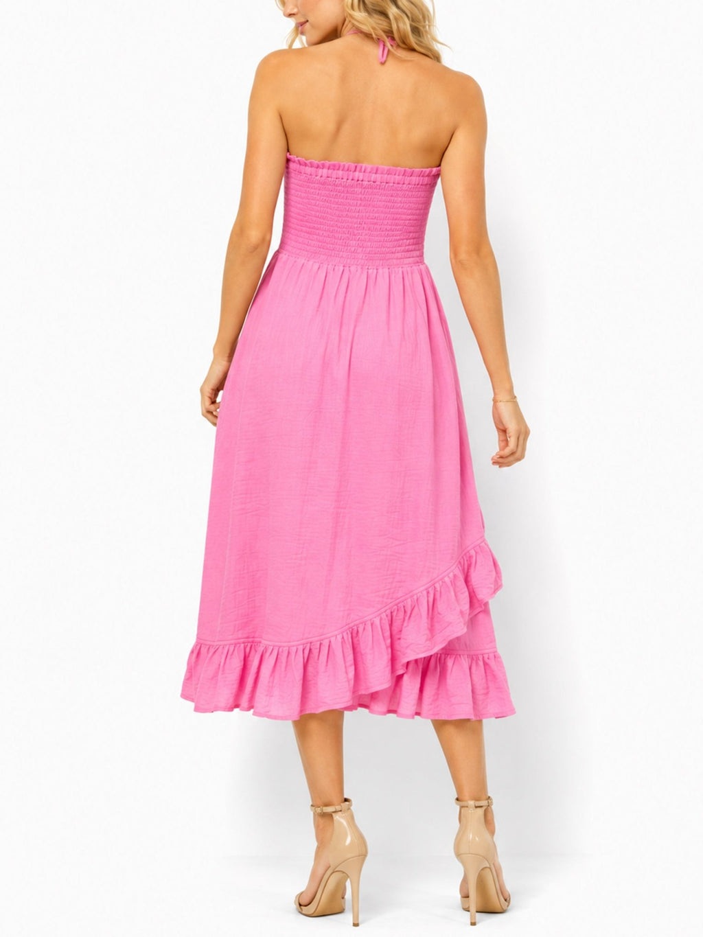 Women's Strapless Smocked Ruffle Midi Dress - Label Shopper