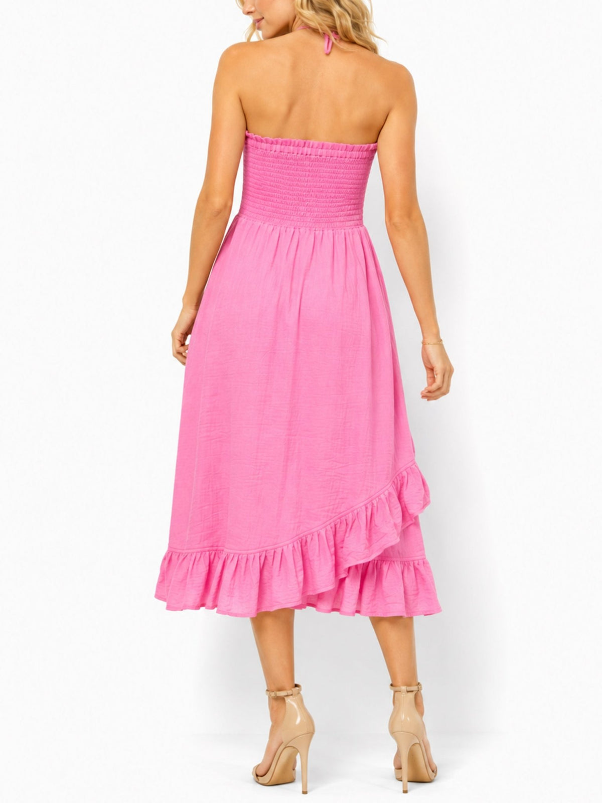 Women's Strapless Smocked Ruffle Midi Dress - Label Shopper