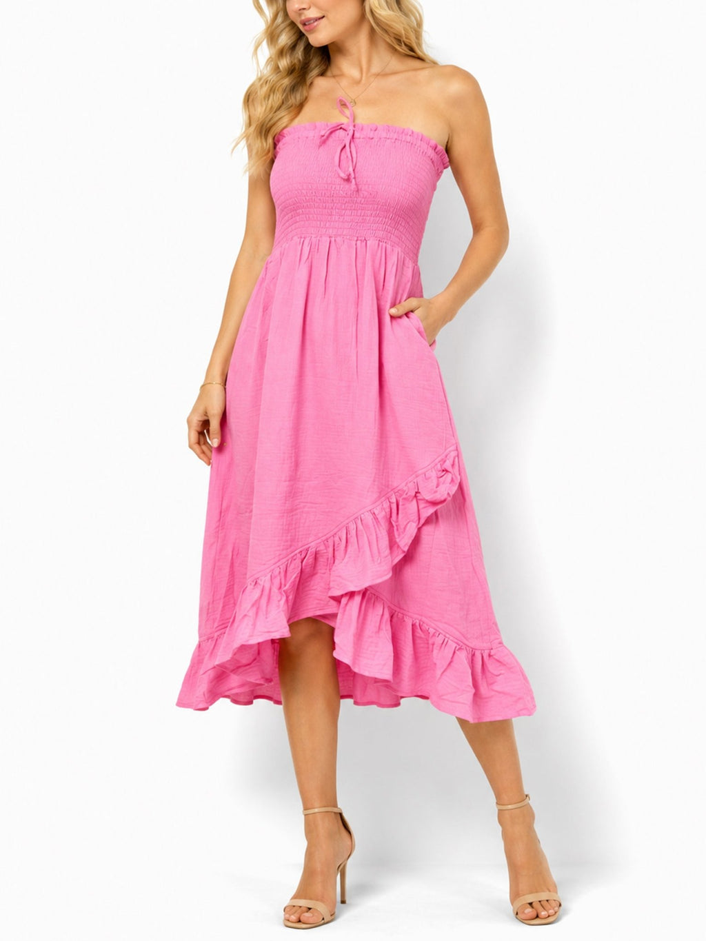 Women's Strapless Smocked Ruffle Midi Dress - Label Shopper