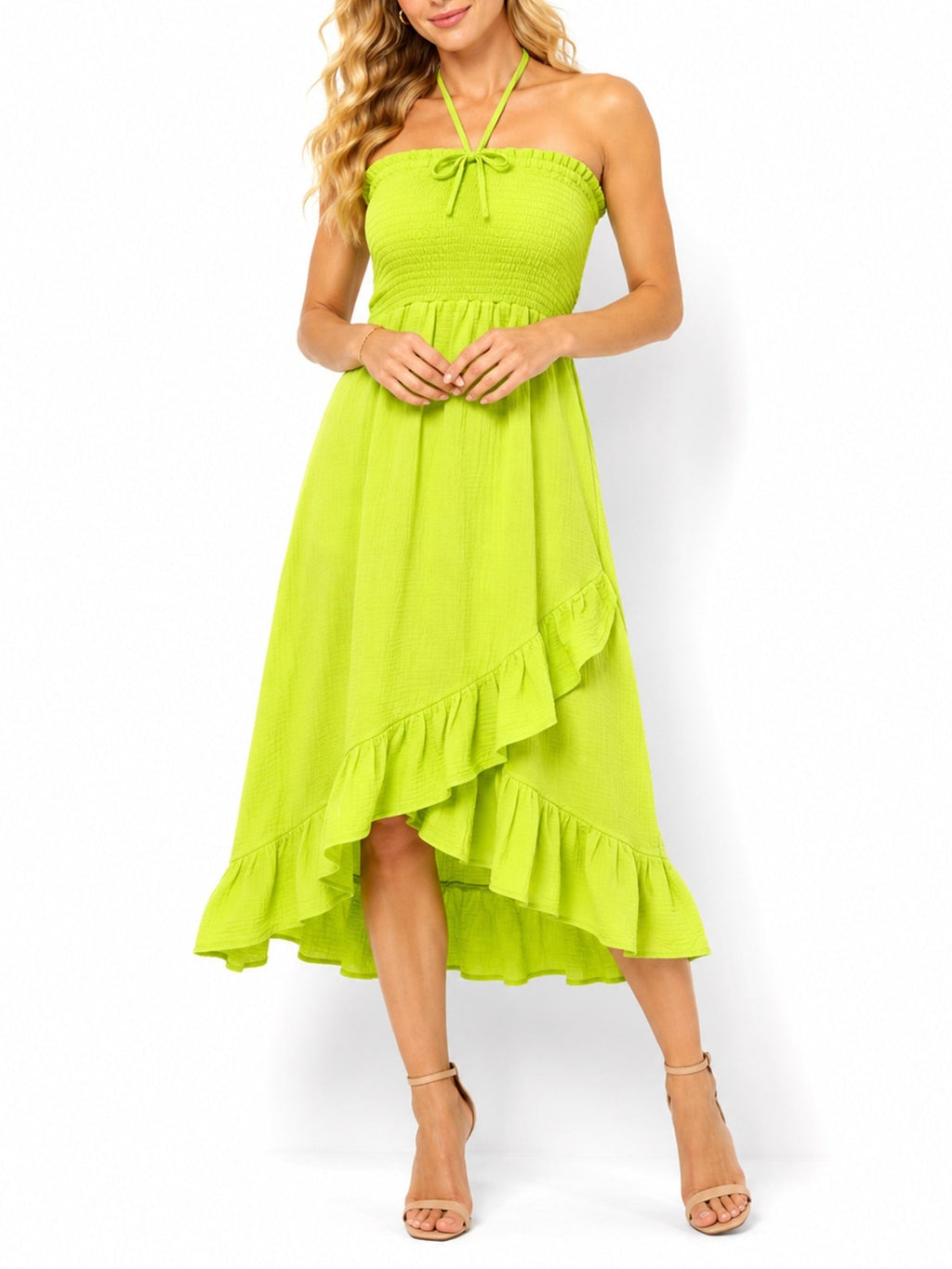 Women's Strapless Smocked Ruffle Midi Dress - Label Shopper