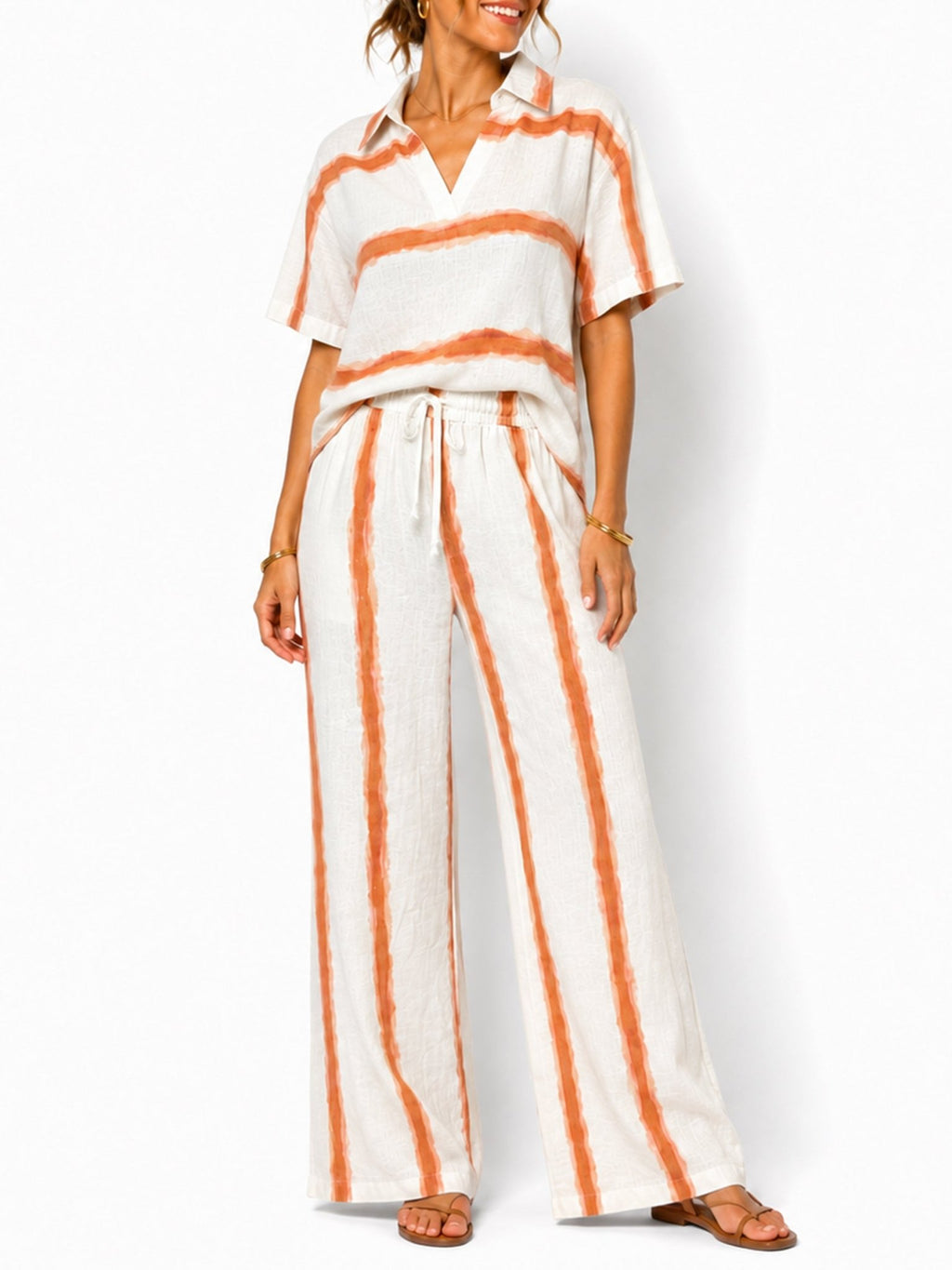 Women's Striped Collared Top & Wide-Leg Pants 2-Piece Set - Label Shopper