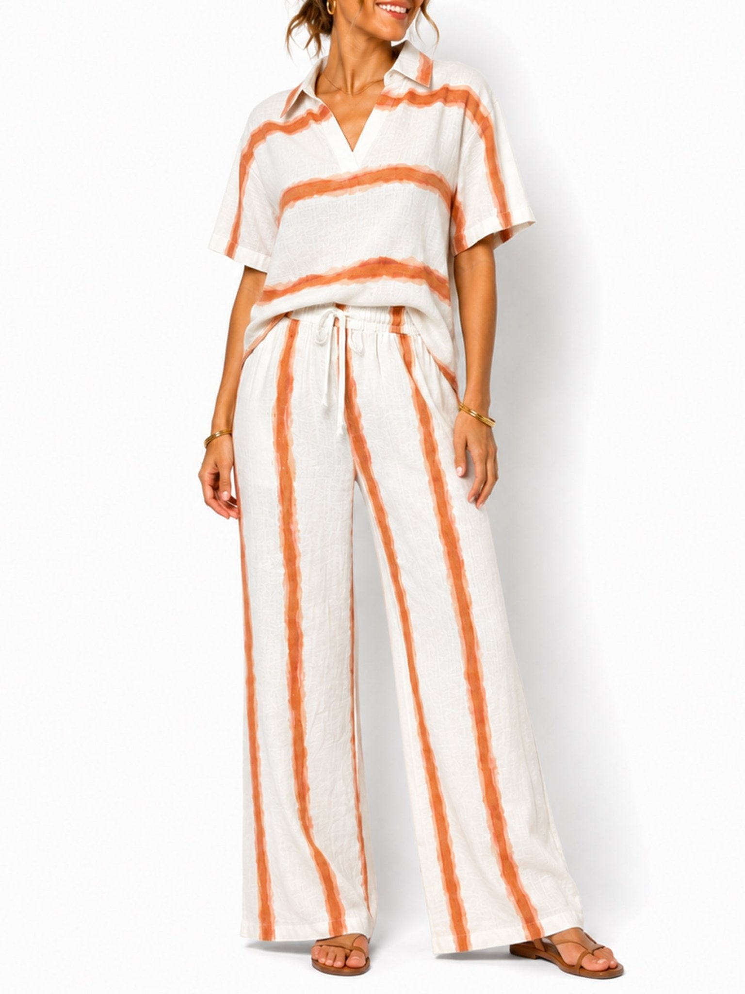Women's Striped Collared Top & Wide-Leg Pants 2-Piece Set - Label Shopper