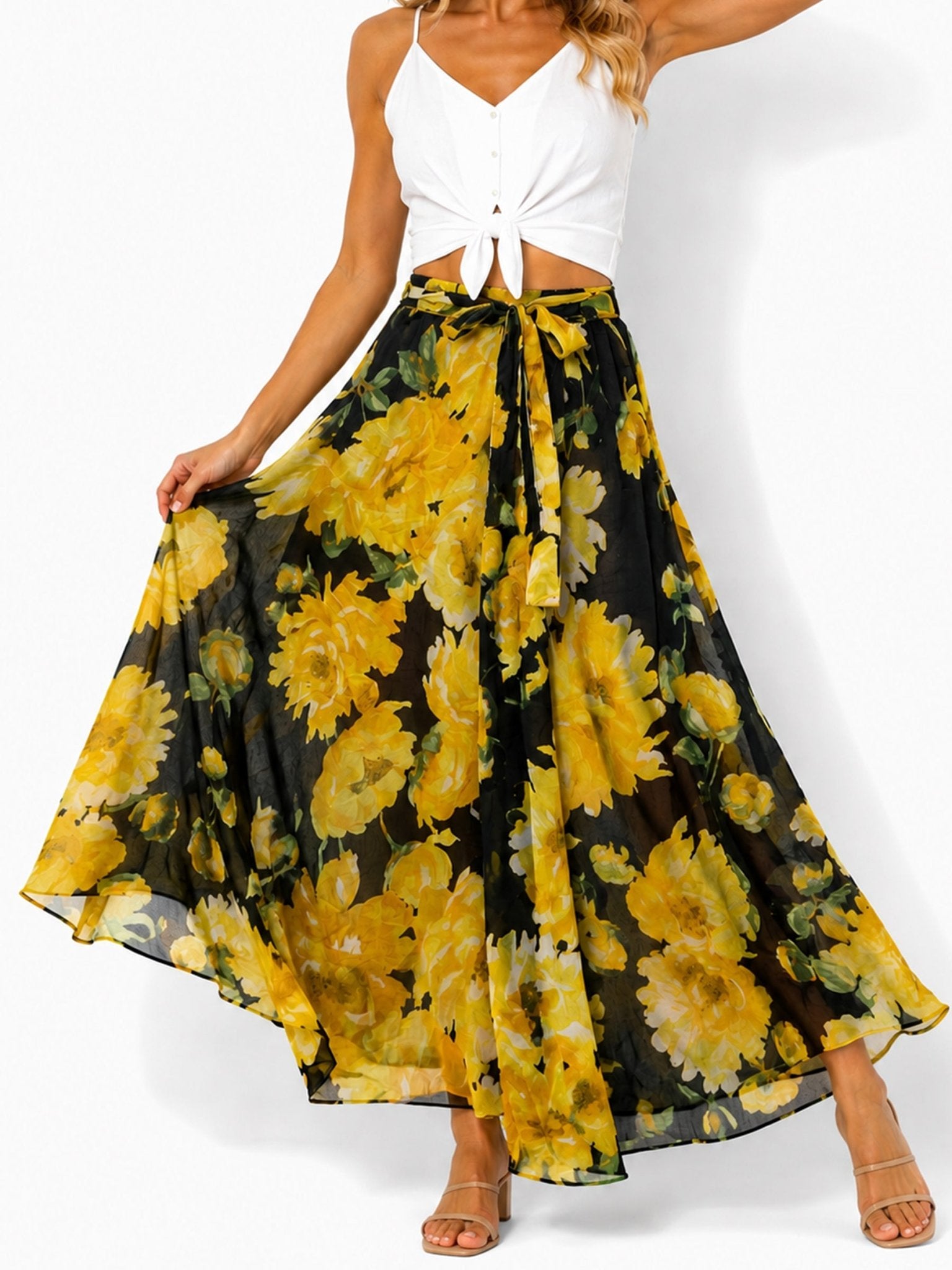 Women's Tie-Waist Printed Maxi Skirt - Label Shopper