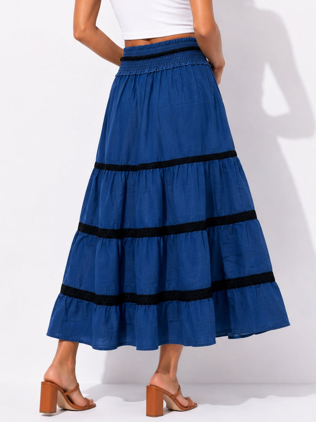 Women's Tiered Midi Skirt with Contrast Trim - Label Shopper