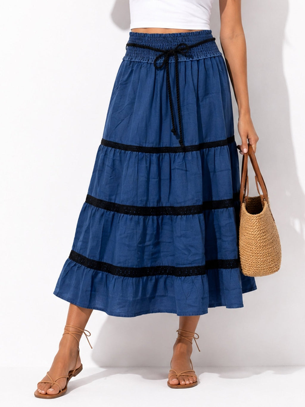 Women's Tiered Midi Skirt with Contrast Trim - Label Shopper